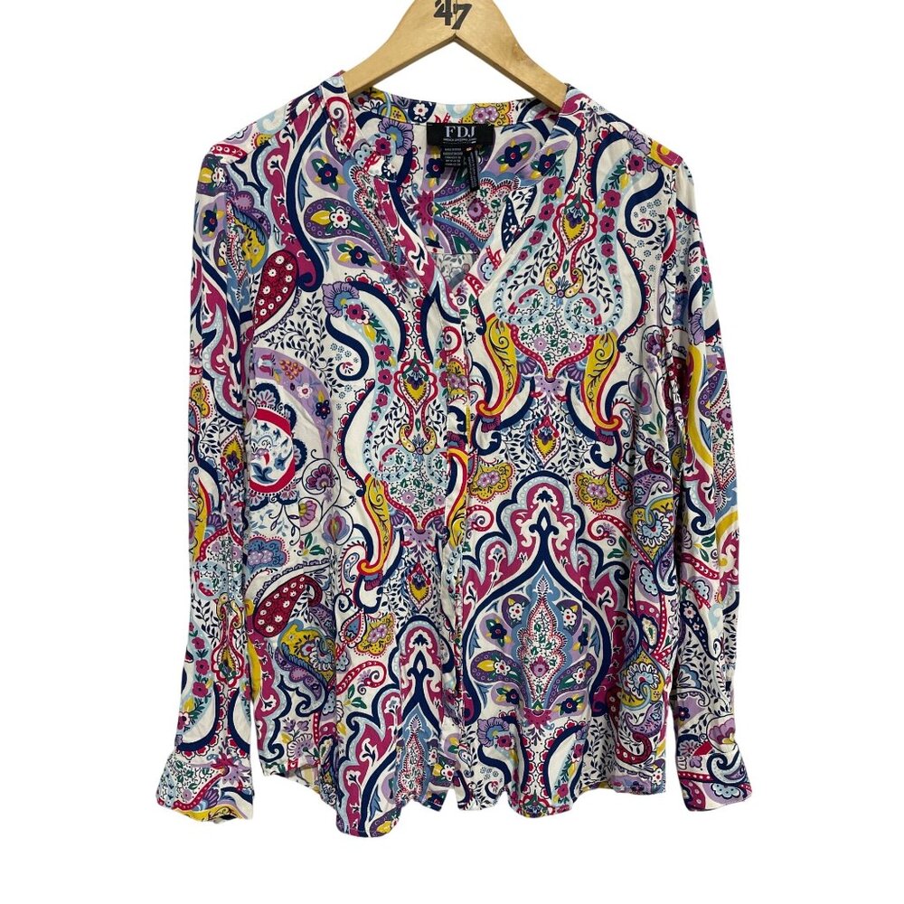 FDJ French Dressing Jeans Shirt Size 10 Floral Paisley Button Up Colorful Boho
